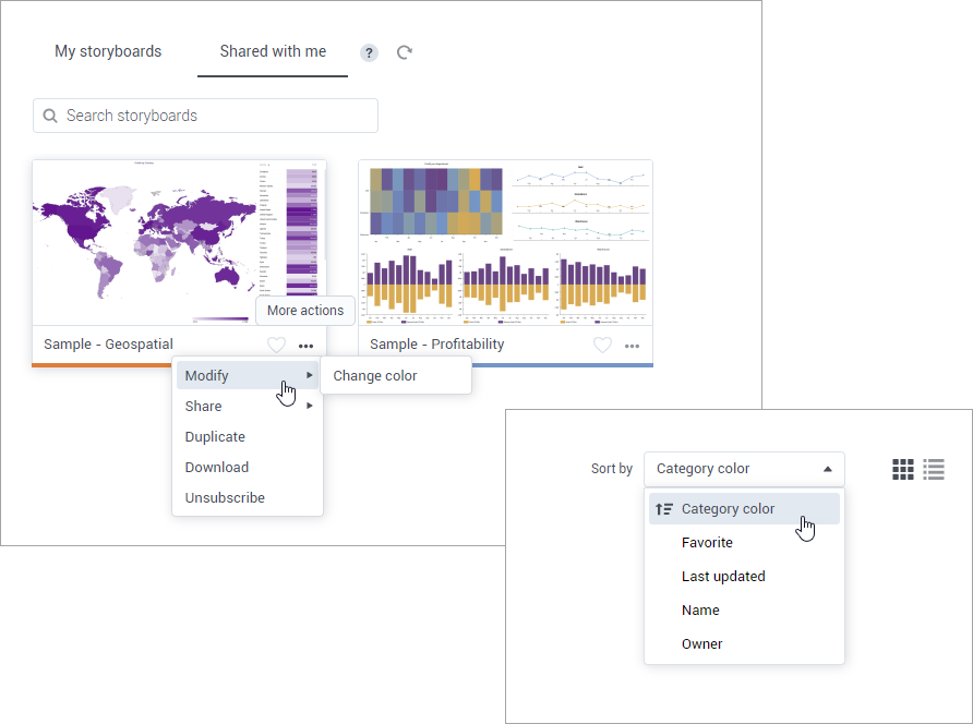 Sort storyboards by category color and favorite tag