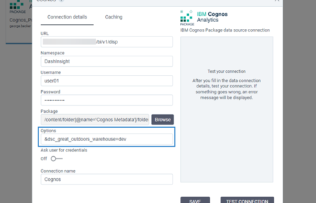 Specify a Cognos connection name for specific Cognos data sources